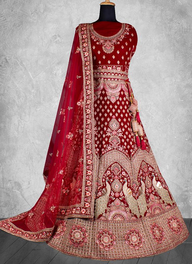 Velvet Maroon Bridal Wear Embroidery Work Lehenga Choli